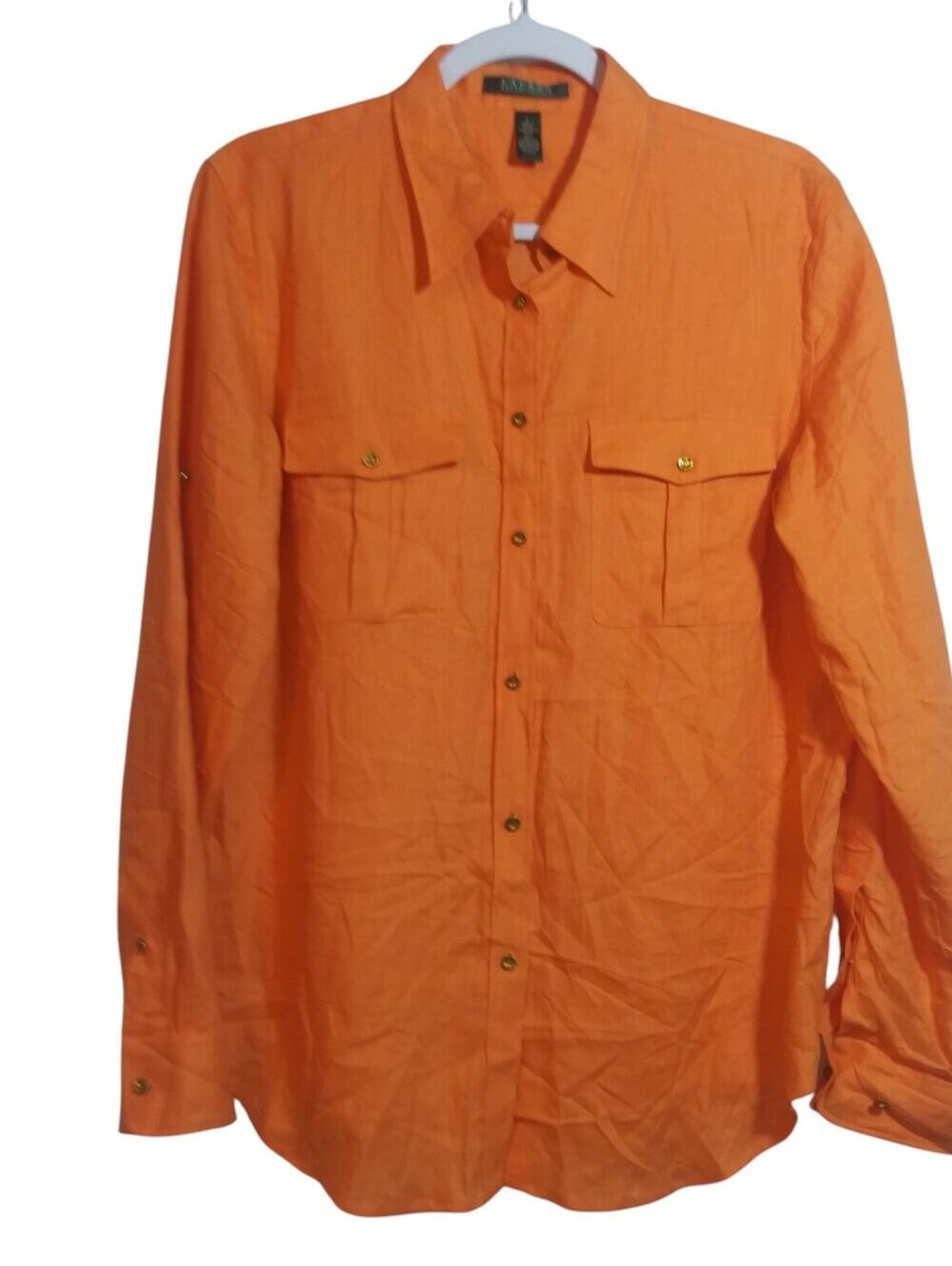 Lauren Ralph Lauren Linen Bright Orange Button-Up Roll Tab Natural Shirt Size L